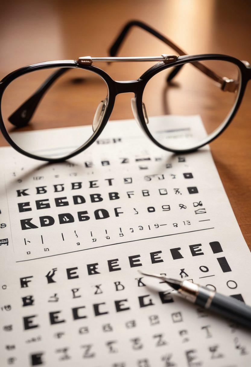 A close-up of a pair of keen eyes wearing stylish glasses, surrounded by various optometry tools like a phoropter, eye charts, and colorful lens samples. In the background, a serene clinic environment with soft lighting promotes a sense of care and trust. The illustration should convey a feeling of health and vigilance, possibly featuring a doctor consulting with a patient. super-realistic. vibrant colors. medical setting.