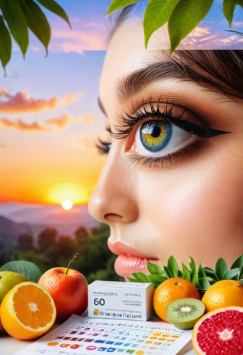 A serene landscape featuring a pair of large, glistening eyes in the foreground, reflecting a vibrant sunset. The background is filled with a spectrum of colorful eye care products and healthy fruits symbolizing ocular health. Include a subtle representation of an eye chart blending seamlessly into the scenery. Capture a sense of tranquility and wellness. super-realistic. vibrant colors. white background.