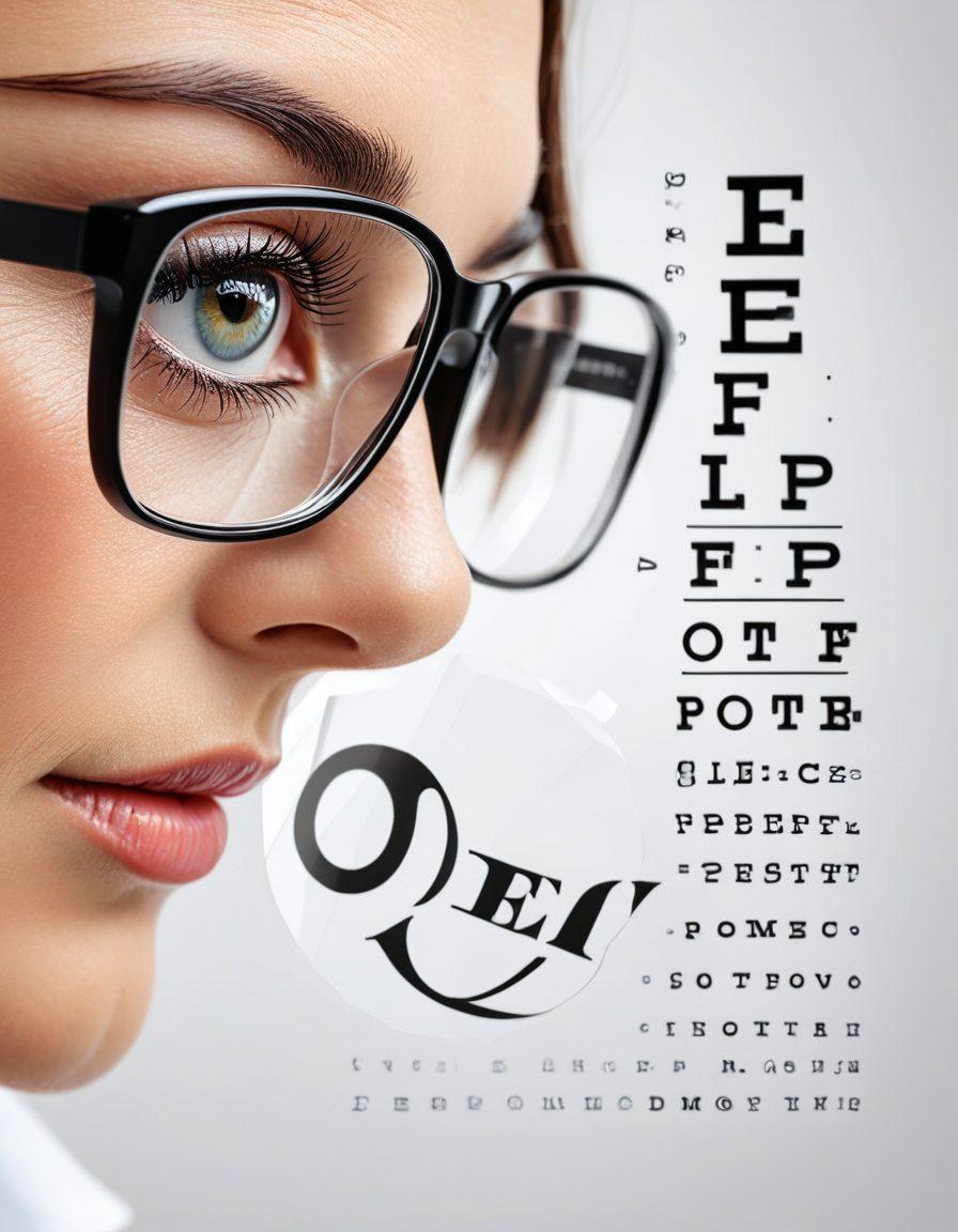 A split image showcasing a pair of modern glasses on one side and an eye chart on the other, symbolizing vision correction. In the background, blurred images of vibrant, healthy eyes to emphasize the theme of ocular health. Soft, soothing colors combined with bright accents for visual appeal. super-realistic. vibrant colors. white background.